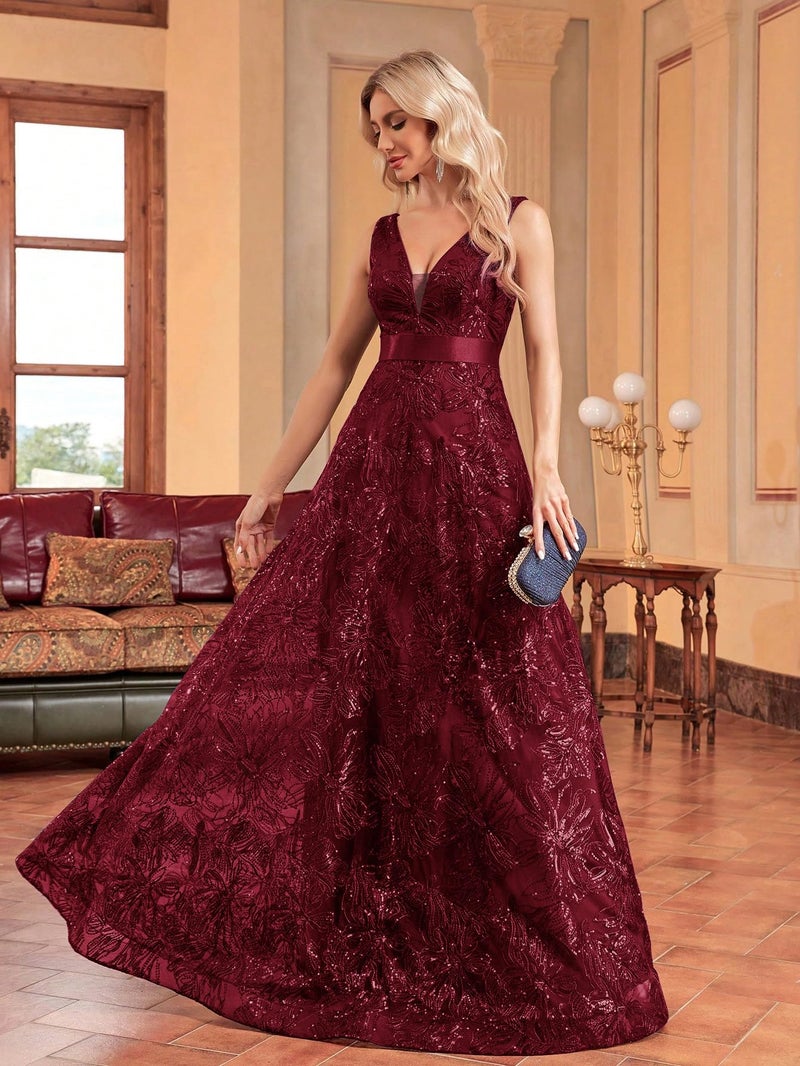 XUIBOL Sleeveless Glitter Sequined Womens Long Formal Gown Aline Prom Dress for Anchorwoman Floor Length Evening Dress Burgundy L - Image 5