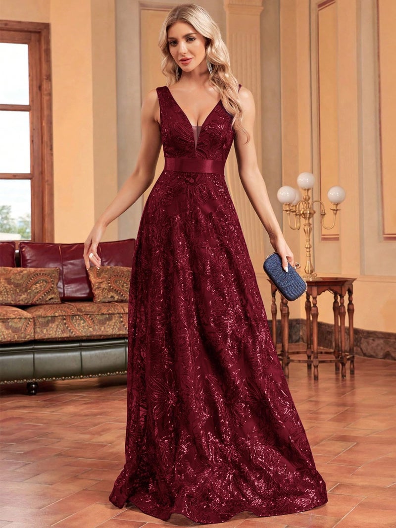 XUIBOL Sleeveless Glitter Sequined Womens Long Formal Gown Aline Prom Dress for Anchorwoman Floor Length Evening Dress Burgundy L - Image 4
