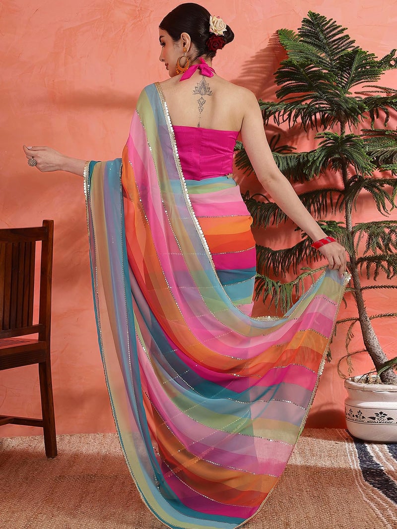 Satrani Women's Georgette Printed Sequin Work Saree with Unstitched Blouse Piece (4559S101N_Multicolor1) - Image 4
