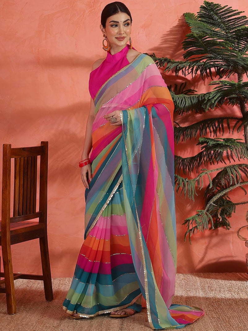 Satrani Women's Georgette Printed Sequin Work Saree with Unstitched Blouse Piece (4559S101N_Multicolor1) - Image 2