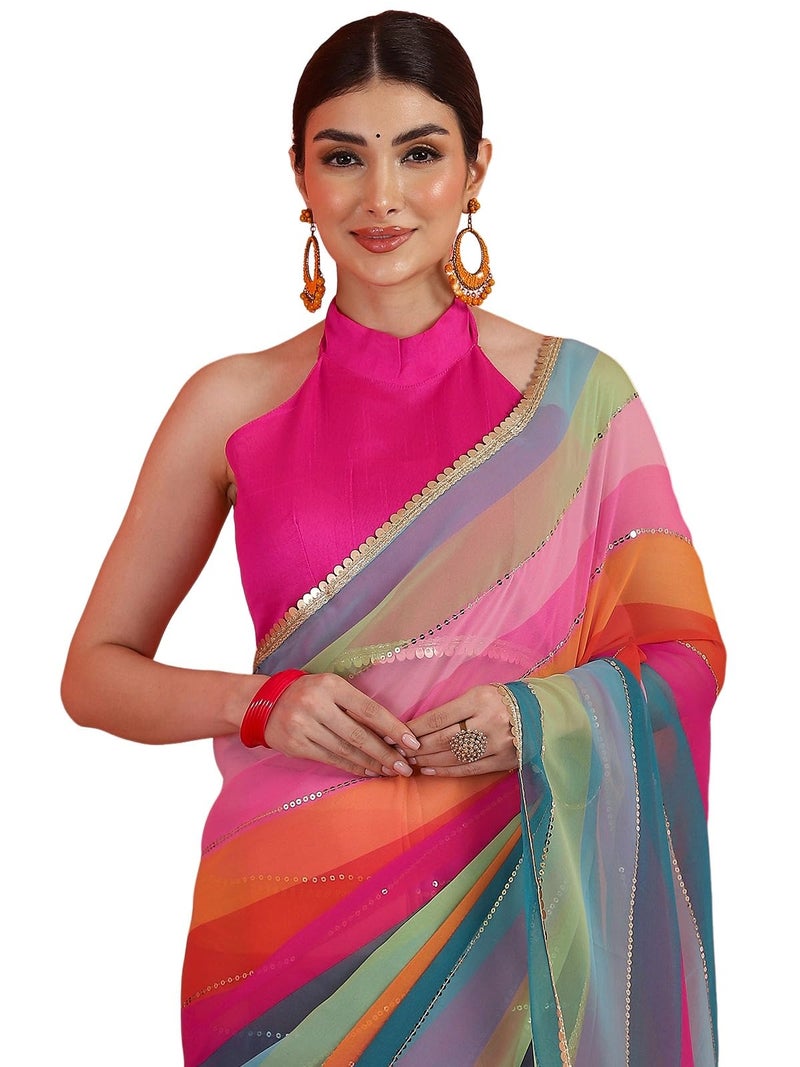 Satrani Women's Georgette Printed Sequin Work Saree with Unstitched Blouse Piece (4559S101N_Multicolor1) - Image 1