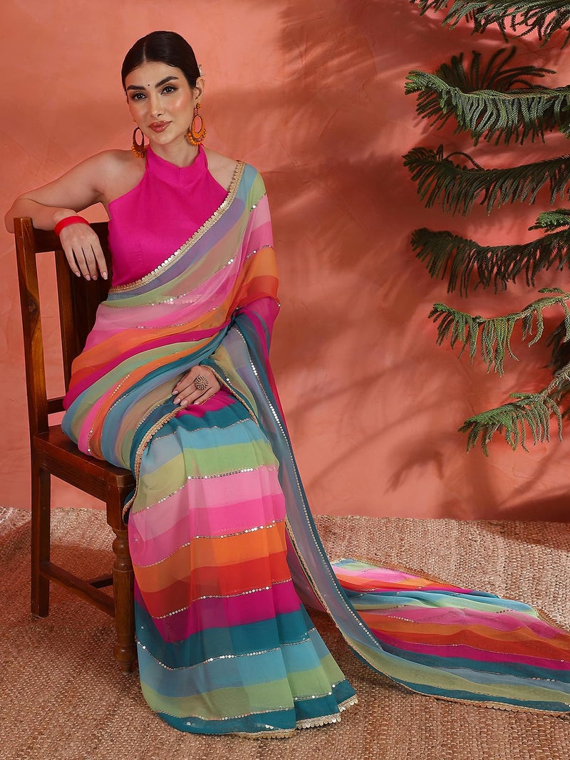Satrani Women's Georgette Printed Sequin Work Saree with Unstitched Blouse Piece (4559S101N_Multicolor1) - Image 3