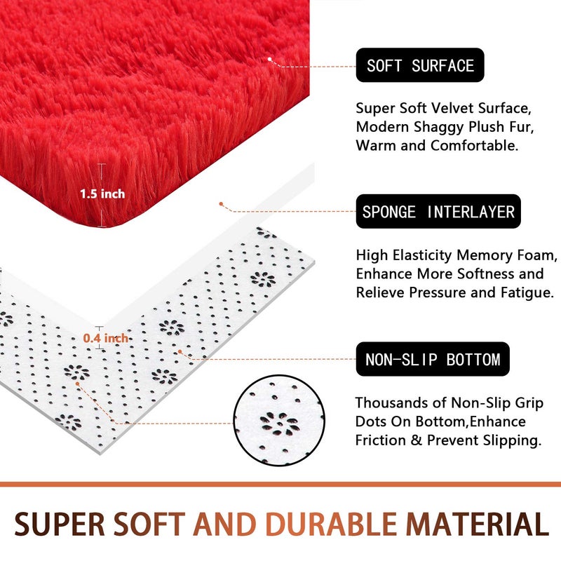 DETUM Red Rug 4x6 Feet - Fluffy Red Area Rugs for Bedroom Shaggy 4' X 6' Living Room Rug Soft Rugs for Kids Room Non-slip Nursery Office Dorm Washable Carpets Home Decor - Image 3