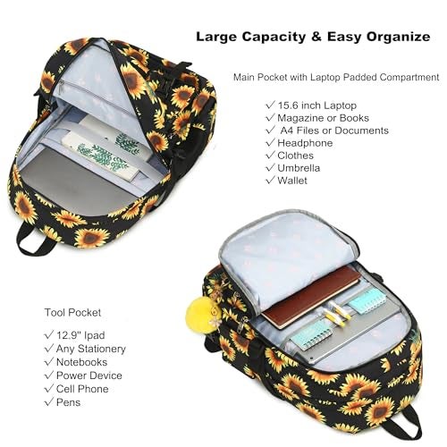 Hidds Laptop Backpacks 15.6 Inch College Backpack Elementary Middle High School Book Bag Cute Bookbags Anti Theft Travel Back Pack Casual Daypack Kids for Teens Girls Women Students (Sunflower Black) - Image 3