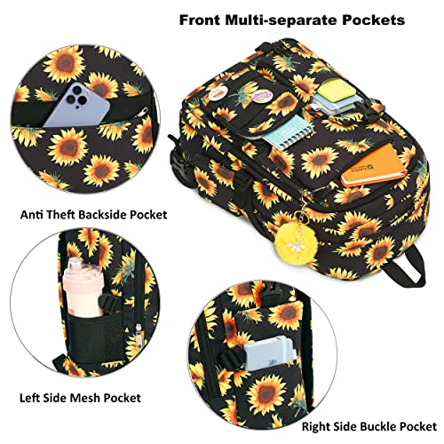 Hidds Laptop Backpacks 15.6 Inch College Backpack Elementary Middle High School Book Bag Cute Bookbags Anti Theft Travel Back Pack Casual Daypack Kids for Teens Girls Women Students (Sunflower Black) - Image 4