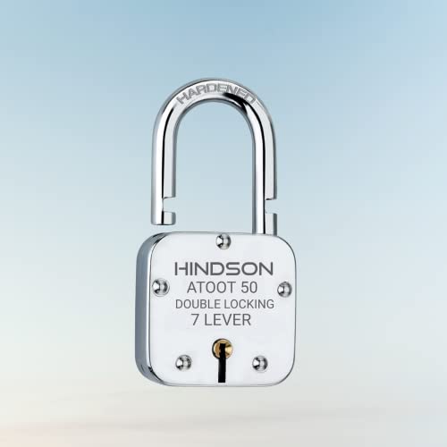 HINDSON Atoot 50mm Lock | Steel Body | Hardened Shackle | 7 Steel Lever | 3 Silver Keys with Keychain | 1 Lock | Made in India | Silver Finsh - Image 1
