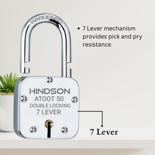 HINDSON Atoot 50mm Lock | Steel Body | Hardened Shackle | 7 Steel Lever | 3 Silver Keys with Keychain | 1 Lock | Made in India | Silver Finsh - Image 5