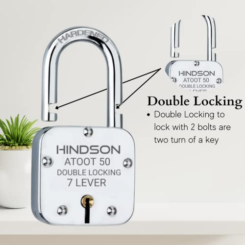 HINDSON Atoot 50mm Lock | Steel Body | Hardened Shackle | 7 Steel Lever | 3 Silver Keys with Keychain | 1 Lock | Made in India | Silver Finsh - Image 3