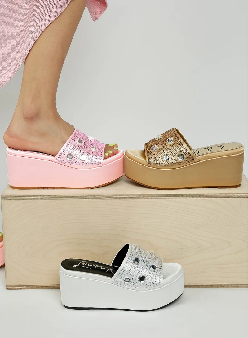 London Rag Black Diamante & Rhinestone Platform Sandals