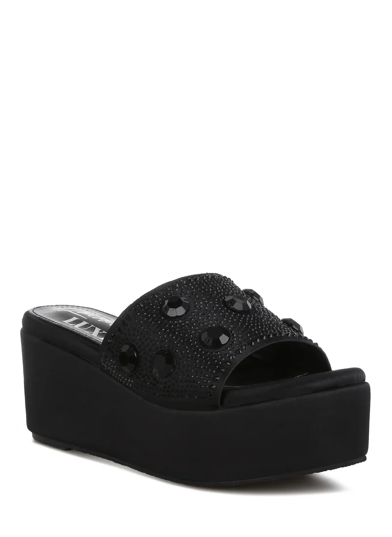 London Rag Black Diamante & Rhinestone Flatform Sandals