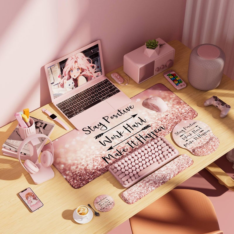 VINEBURY Desk Mat Set + Keyboard and Mouse Pad with Wrist Rest Support,4-in-1 Large Mousepad Computer Mats for Desktop Home & Office-Glitter Pink - Image 4