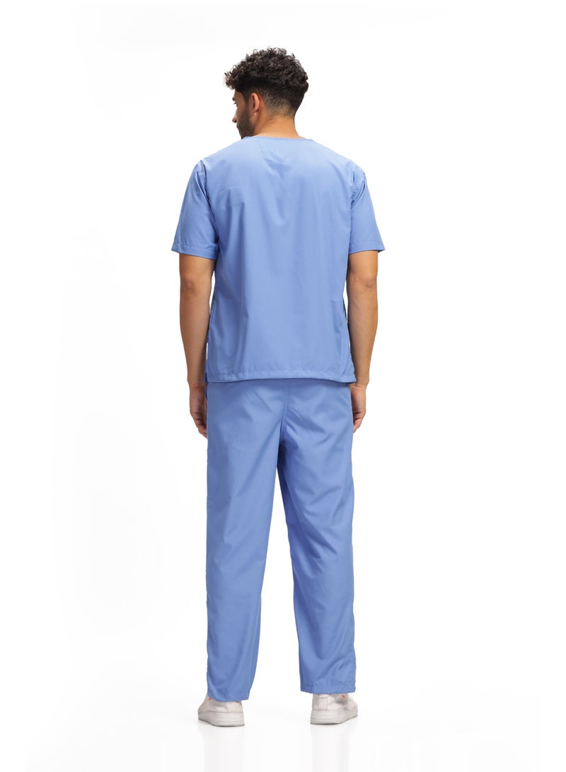 KNYA بدلة طبية رجالية من KNYA Active بخمسة جيوب | طقم من قميص وبنطال | أكمام نصفية | ياقة على شكل حرف V | قماش يسمح بالتهوية | مريح | متين | زي موحد للأطباء والممرضين وأطباء الأسنان، لون أزرق سماوي (مقاس L) - Image 2