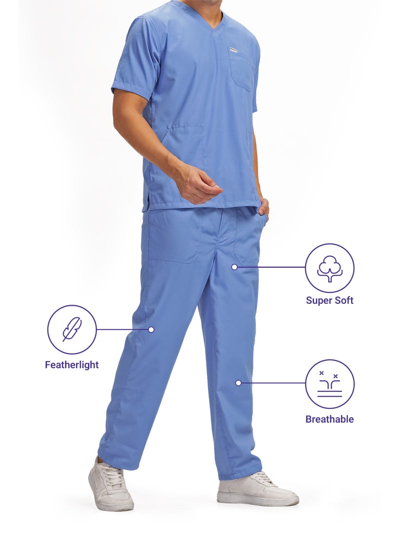 KNYA بدلة طبية رجالية من KNYA Active بخمسة جيوب | طقم من قميص وبنطال | أكمام نصفية | ياقة على شكل حرف V | قماش يسمح بالتهوية | مريح | متين | زي موحد للأطباء والممرضين وأطباء الأسنان، لون أزرق سماوي (مقاس L) - Image 5