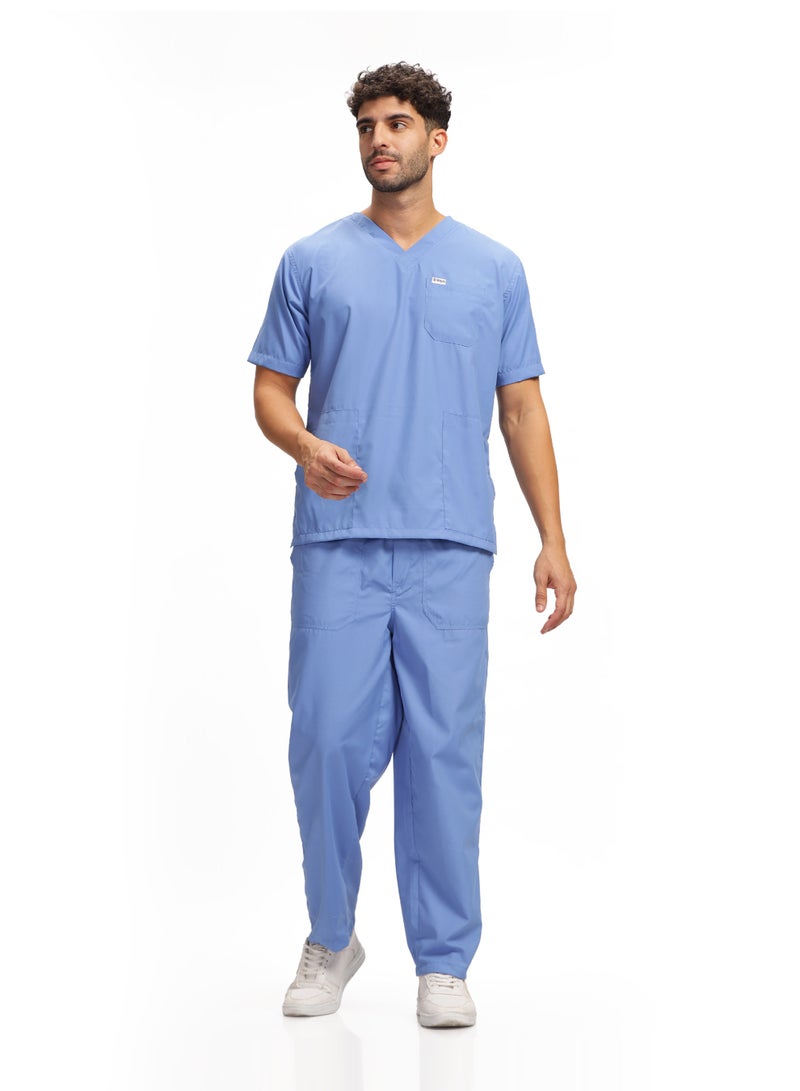KNYA بدلة طبية رجالية من KNYA Active بخمسة جيوب | طقم من قميص وبنطال | أكمام نصفية | ياقة على شكل حرف V | قماش يسمح بالتهوية | مريح | متين | زي موحد للأطباء والممرضين وأطباء الأسنان، لون أزرق سماوي (مقاس L) - Image 1