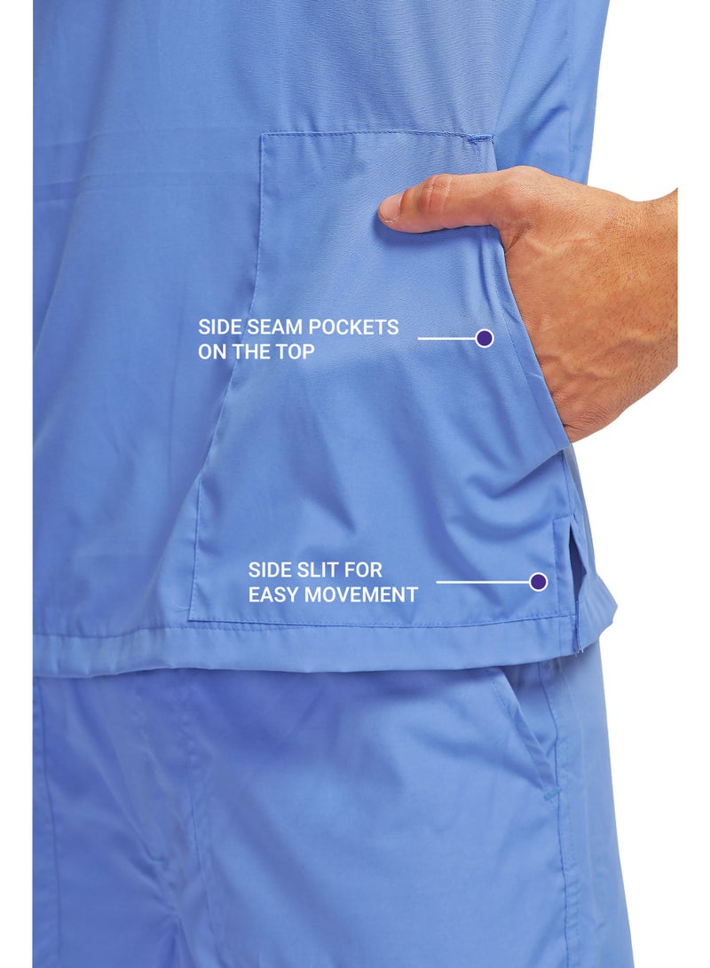 KNYA بدلة طبية رجالية من KNYA Active بخمسة جيوب | طقم من قميص وبنطال | أكمام نصفية | ياقة على شكل حرف V | قماش يسمح بالتهوية | مريح | متين | زي موحد للأطباء والممرضين وأطباء الأسنان، لون أزرق سماوي (مقاس L) - Image 3