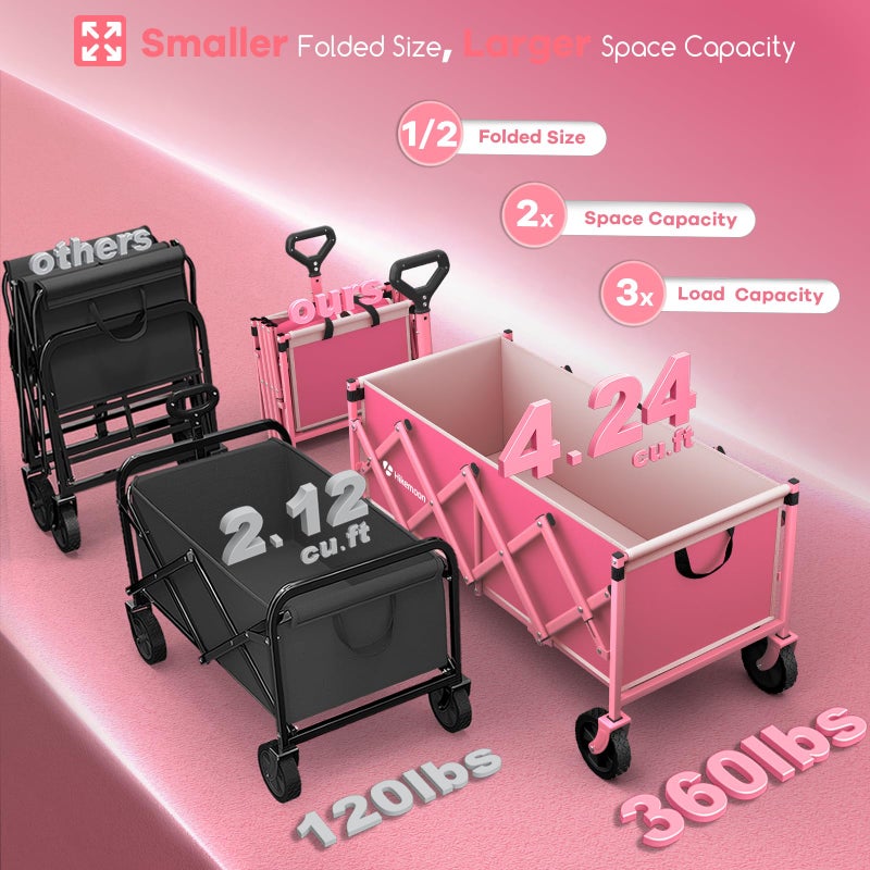Hikemoon 34'' Extra Long Collapsible Wagons Carts Foldable, 360LBS Heavy Duty Folding Beach Wagon Cart with Wheels, Portable Utility Outdoor Wagon for Grocery, Shopping, Garden, Sports, Camping, Pink - Image 3