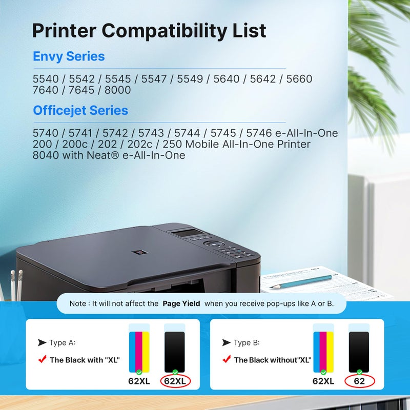 Adoccur 62XL Ink Cartridges Black Replacement for HP Ink 62 HP 62XL for HP 62 Black Ink Cartridge Work with Envy 5660 7640 7645 5540 5544 5640 7644 OfficeJet 200 250 OfficeJet 5740 8040 8045 Printer(2 Black) - Image 2