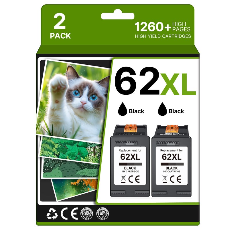 Adoccur 62XL Ink Cartridges Black Replacement for HP Ink 62 HP 62XL for HP 62 Black Ink Cartridge Work with Envy 5660 7640 7645 5540 5544 5640 7644 OfficeJet 200 250 OfficeJet 5740 8040 8045 Printer(2 Black) - Image 1