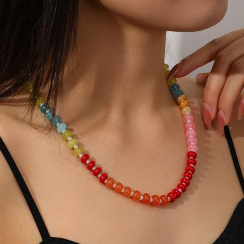 LALAPPLE Colorful Beaded Gemstone Necklace for Women, Boho Rainbow Bead Choker with Natural Stone Crystal Beads, Handmade Summer Beach Necklace Jewelry (E-rainbow4) - Image 2