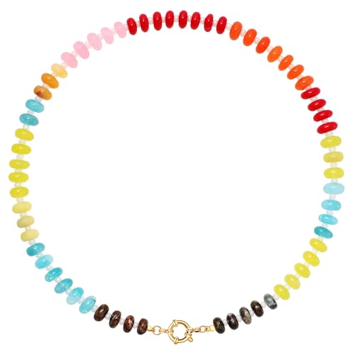 LALAPPLE Colorful Beaded Gemstone Necklace for Women, Boho Rainbow Bead Choker with Natural Stone Crystal Beads, Handmade Summer Beach Necklace Jewelry (E-rainbow4) - Image 1