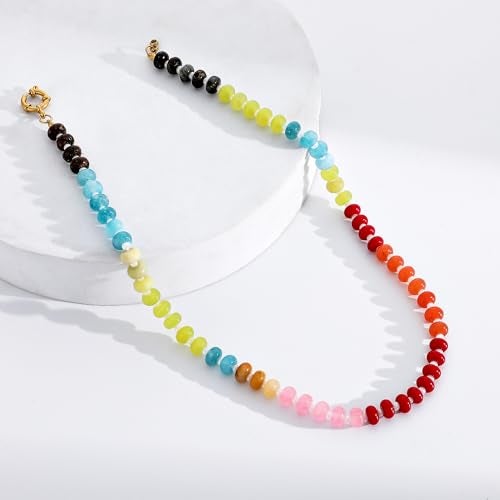 LALAPPLE Colorful Beaded Gemstone Necklace for Women, Boho Rainbow Bead Choker with Natural Stone Crystal Beads, Handmade Summer Beach Necklace Jewelry (E-rainbow4) - Image 4