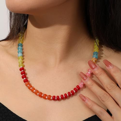 LALAPPLE Colorful Beaded Gemstone Necklace for Women, Boho Rainbow Bead Choker with Natural Stone Crystal Beads, Handmade Summer Beach Necklace Jewelry (E-rainbow4) - Image 3