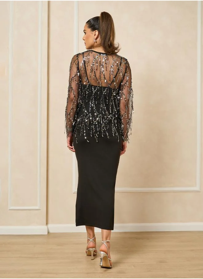 Styli Embellished Mesh Long Sleeves Maxi Dress