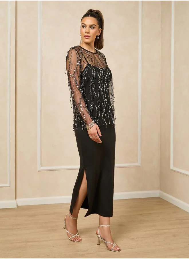 Styli Embellished Mesh Long Sleeves Maxi Dress
