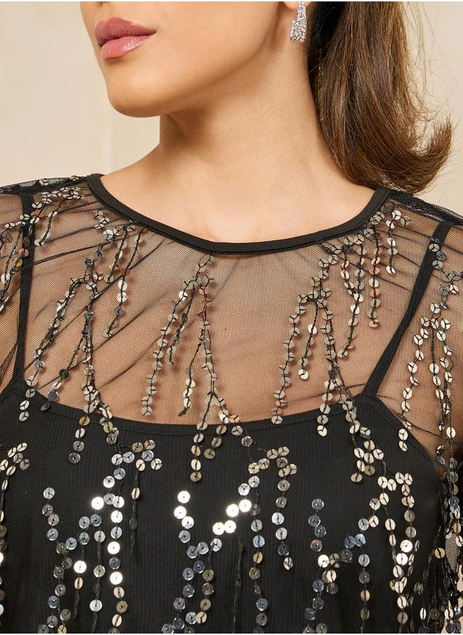 Styli Embellished Mesh Long Sleeves Maxi Dress