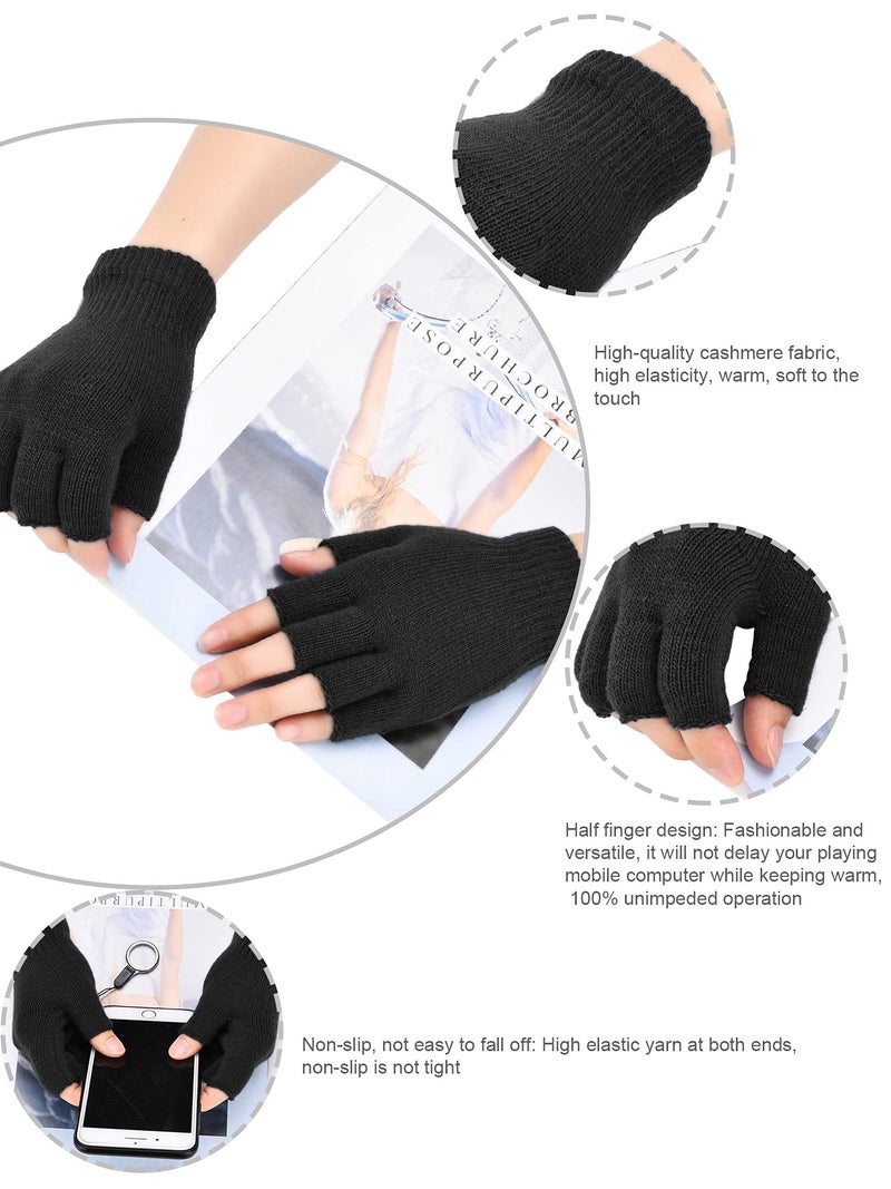 Bememo قفازات بيميمو 4 أزواج بدون أصابع نصف أصابع ميتين شتوية بلون صلب للكتابة مصنوعة من الصوف للأولاد والبنات (أسود) - Image 3