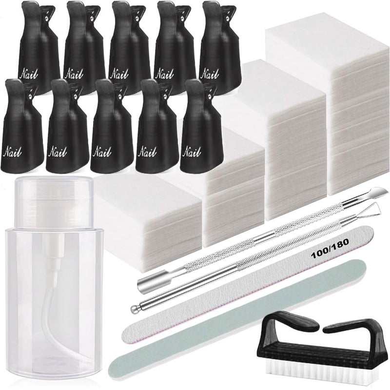 HiMo Nail Polish Gel Remover Tools Kit Soak Off Cap Clip 10pcs Dispenser Bottle 600PCS Cotton Pads Handle Brushes Finger SeparatorsBlackSet