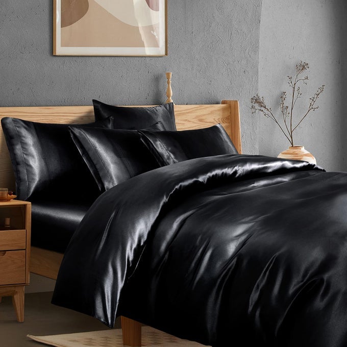 6PCS BLACK DUVET COVER SET KING SIZE SATIN FITTED SHEET PILLOWCASES COOLING SILKY COMFORTER COVER SET