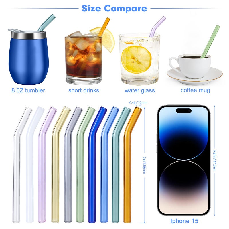 RENYIH 10 Pcs Reusable Bent Short Glass Straws,6''x10 mm Colorful Cocktail Glass Straws Shatter Resistant with 2 Cleaner Brush for Whiskey,Coffee,Juice,Soda Drinks,Teas - Image 2