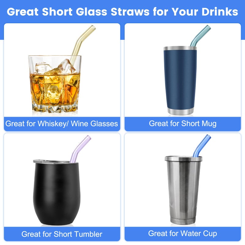 RENYIH 10 Pcs Reusable Bent Short Glass Straws,6''x10 mm Colorful Cocktail Glass Straws Shatter Resistant with 2 Cleaner Brush for Whiskey,Coffee,Juice,Soda Drinks,Teas - Image 3
