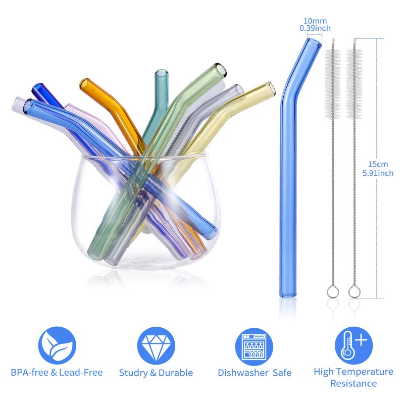RENYIH 10 Pcs Reusable Bent Short Glass Straws,6''x10 mm Colorful Cocktail Glass Straws Shatter Resistant with 2 Cleaner Brush for Whiskey,Coffee,Juice,Soda Drinks,Teas - Image 4
