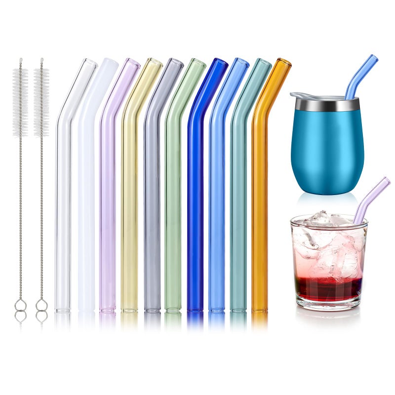 RENYIH 10 Pcs Reusable Bent Short Glass Straws,6''x10 mm Colorful Cocktail Glass Straws Shatter Resistant with 2 Cleaner Brush for Whiskey,Coffee,Juice,Soda Drinks,Teas - Image 1