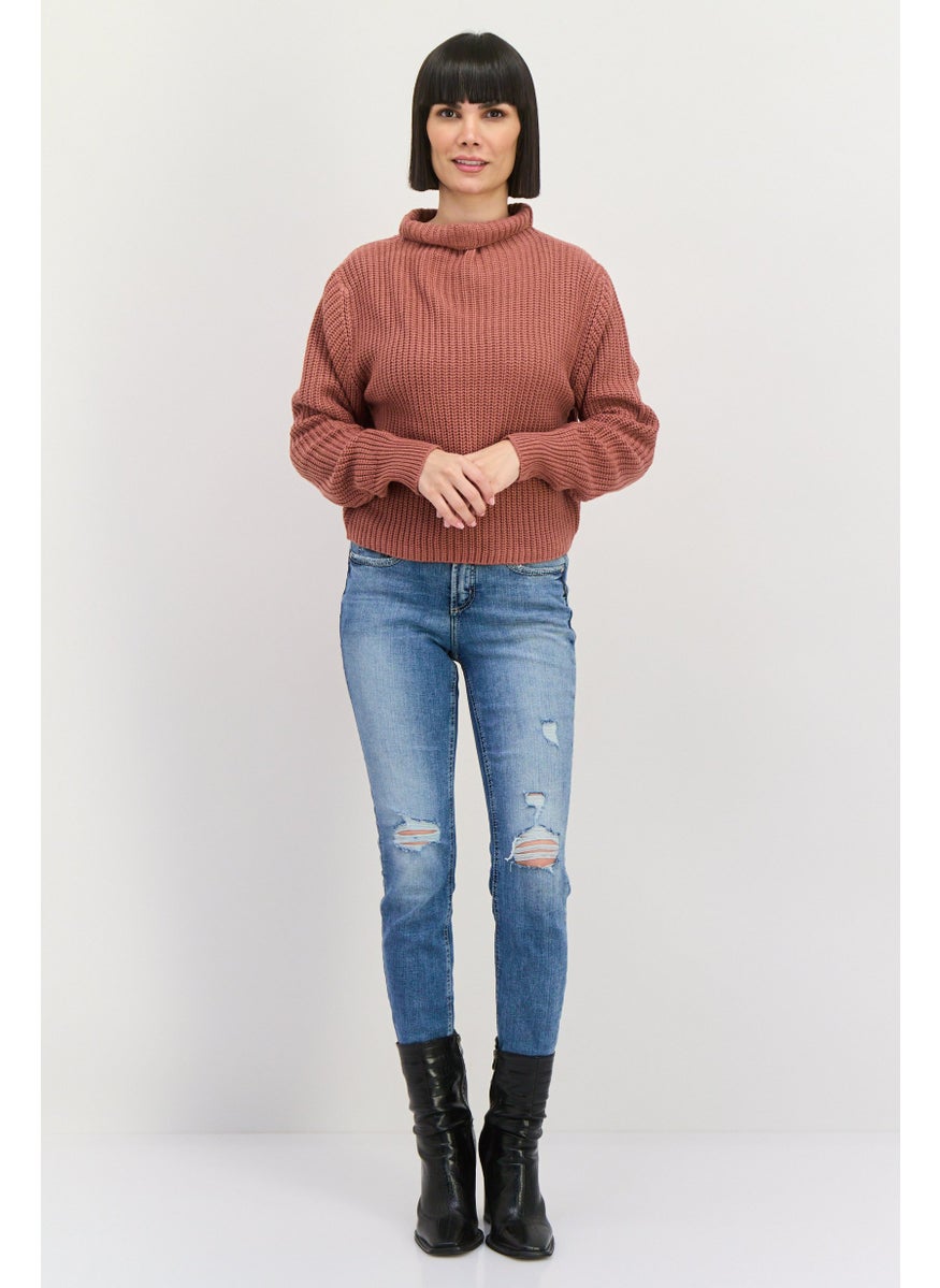 Black Tape Women High Neck Knitted Sweater, Rust Pink  - Image 4