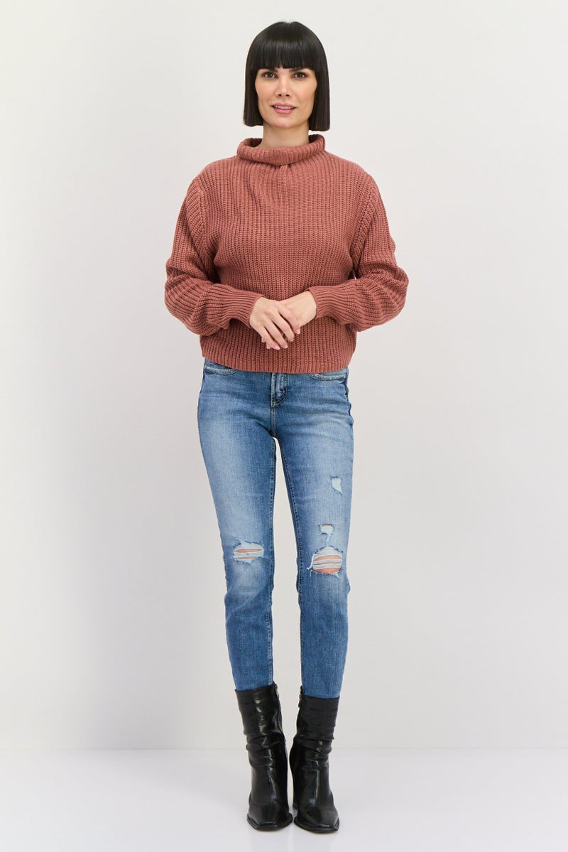 Black Tape سويت شيرت محبوك برقبة عالية للنساء، وردي صدئ - Image 4