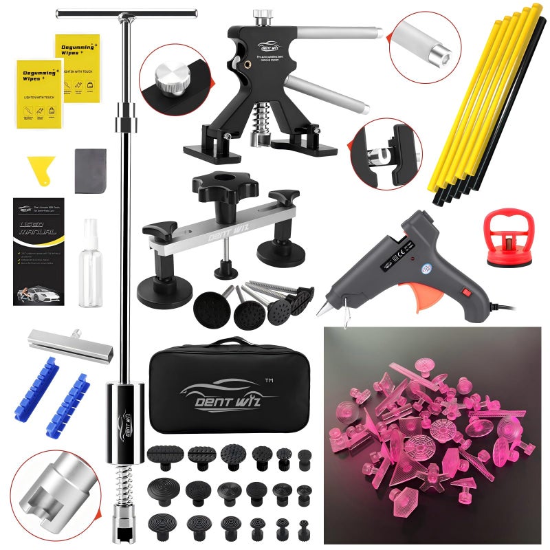 DentWiz Car Dent Puller Kit, Paintless Dent Remover Tool with High Viscosity Puller Tabs & Glue Sticks Hot Glue Gun, 2-in-1 Slide Hammer T-bar, PDR Tools Set for Car Dent Repair Hail Damge or Door Dings - Image 1