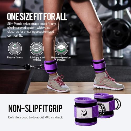 Slim Panda Ankle Strap for Cable Machine,Ankle Cuff for Kickbacks, Booty Hip Abductors,Glute Workouts, Leg Extensions, Curls for Men and Women, Adjustable with Double D-Rings (Pair, Purple) - Image 3