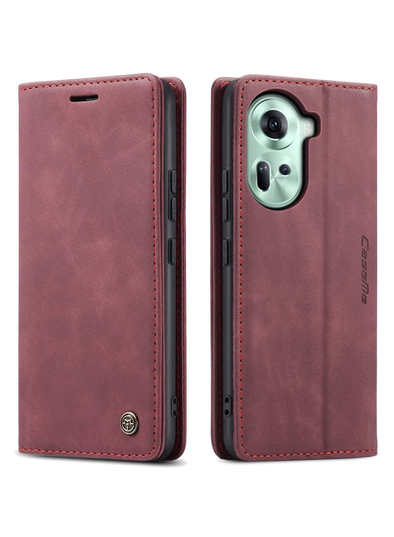 CaseMe Phone Case Luxury PU Leather Design 013 Flip Cover Card Slot Holder Cover For Oppo Reno 11 (Wine Red) - Image 1