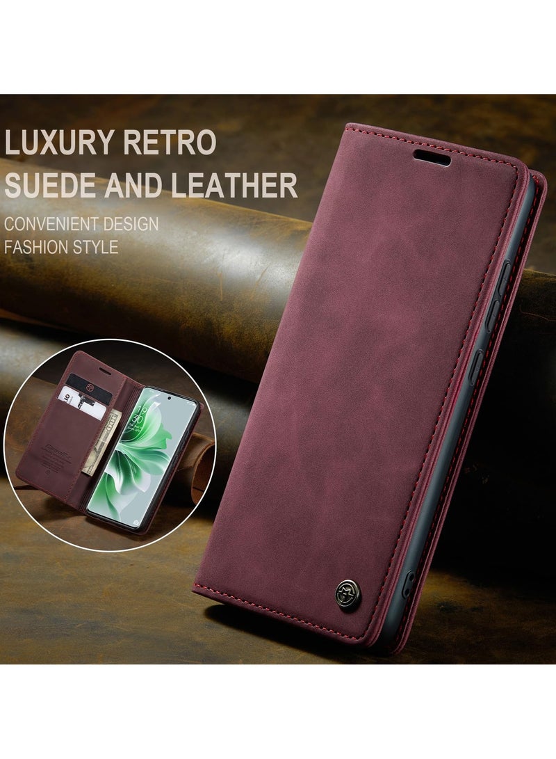 CaseMe Phone Case Luxury PU Leather Design 013 Flip Cover Card Slot Holder Cover For Oppo Reno 11 (Wine Red) - Image 2
