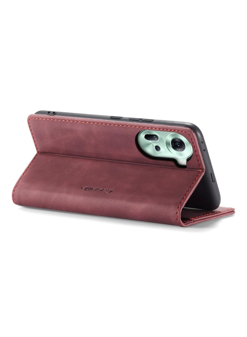 CaseMe Phone Case Luxury PU Leather Design 013 Flip Cover Card Slot Holder Cover For Oppo Reno 11 (Wine Red) - Image 3