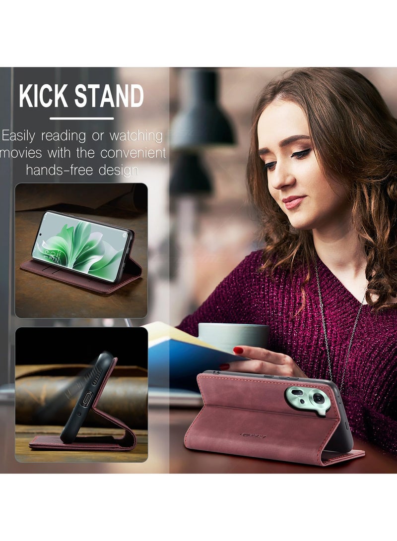 CaseMe Phone Case Luxury PU Leather Design 013 Flip Cover Card Slot Holder Cover For Oppo Reno 11 (Wine Red) - Image 4