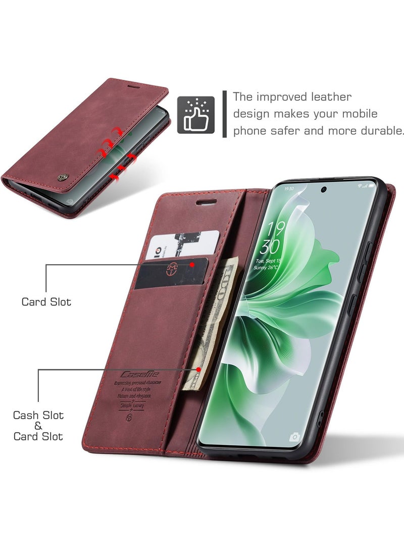CaseMe Phone Case Luxury PU Leather Design 013 Flip Cover Card Slot Holder Cover For Oppo Reno 11 (Wine Red) - Image 5