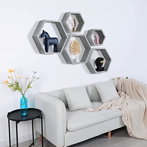PHOENANCEE Hexagon Floating Shelves,Wall Mounted Wood Farmhouse Storage Honeycomb Wall Shelf Set of 5,for Bathroom, Kitchen, Bedroom, Living Room,Office,Driftwood Finish (Vintage Grey) - Image 2