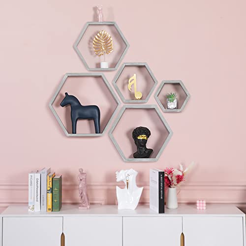 PHOENANCEE Hexagon Floating Shelves,Wall Mounted Wood Farmhouse Storage Honeycomb Wall Shelf Set of 5,for Bathroom, Kitchen, Bedroom, Living Room,Office,Driftwood Finish (Vintage Grey) - Image 5