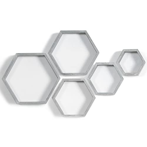 PHOENANCEE Hexagon Floating Shelves,Wall Mounted Wood Farmhouse Storage Honeycomb Wall Shelf Set of 5,for Bathroom, Kitchen, Bedroom, Living Room,Office,Driftwood Finish (Vintage Grey) - Image 1