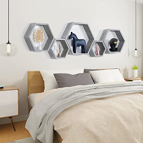 PHOENANCEE Hexagon Floating Shelves,Wall Mounted Wood Farmhouse Storage Honeycomb Wall Shelf Set of 5,for Bathroom, Kitchen, Bedroom, Living Room,Office,Driftwood Finish (Vintage Grey) - Image 4