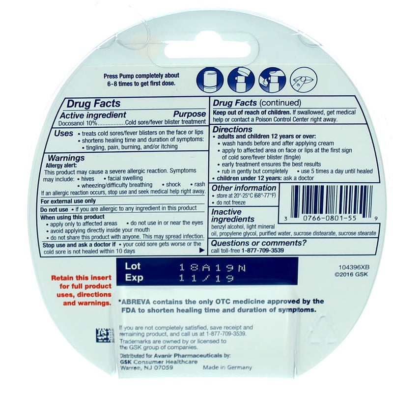 أبريفا Abreva 2grm Pump Size 1ct Abreva Cold Sore Treatment - Image 3